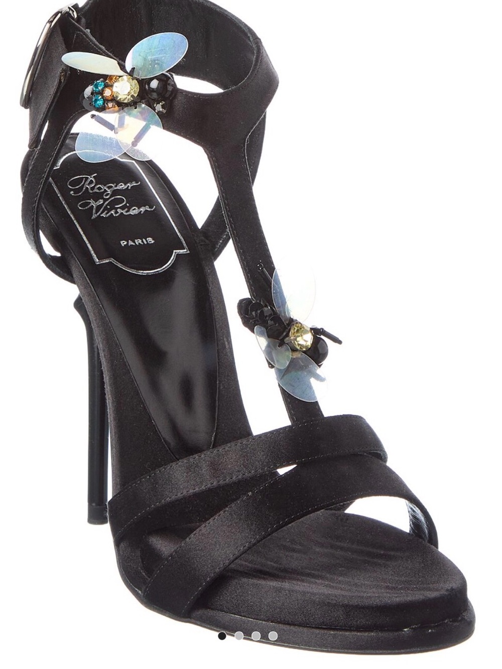 Roger Vivier Black Satin T-Strap Crystal Floral Heel